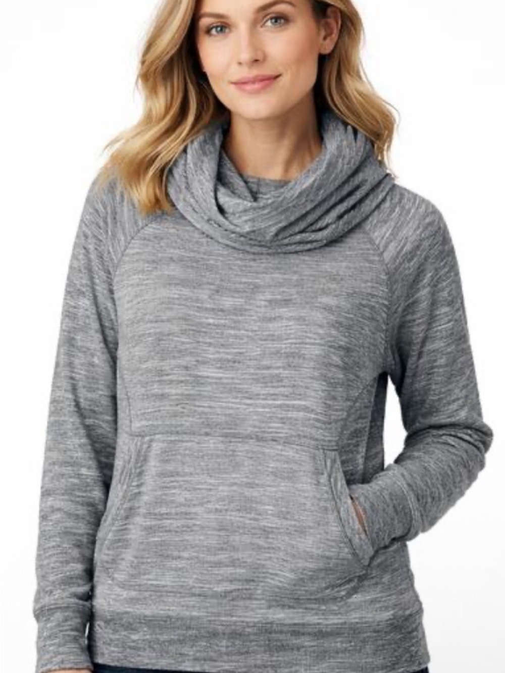 LL Bean grey cowl neck front pocket sweater w/ thumb holes